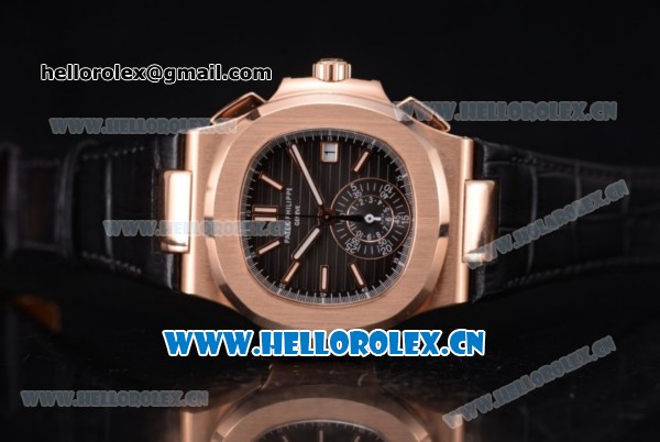 Patek Philippe Nautilus Clone PP 315 Automatic Rose Gold Case with Black Dial Arabic Numeral Markers and Black Leather Strap (BP) - Click Image to Close